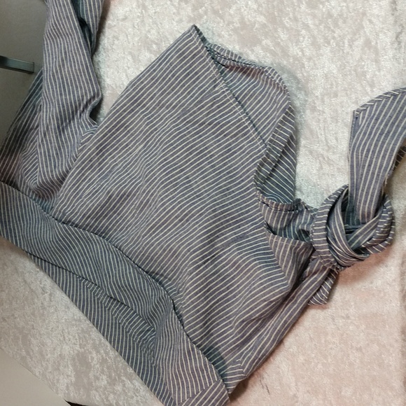 Free People One Shoulder Crop Top Waist Cotton Linen Stripe Blue White Small - Picture 9 of 13